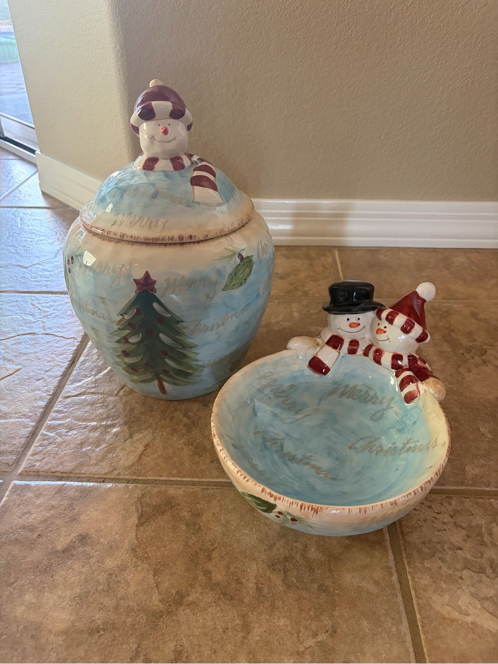 Christmas Holiday Snowman Ceramic Cookie Jar and Candy Bowl Set - LIKE NEW